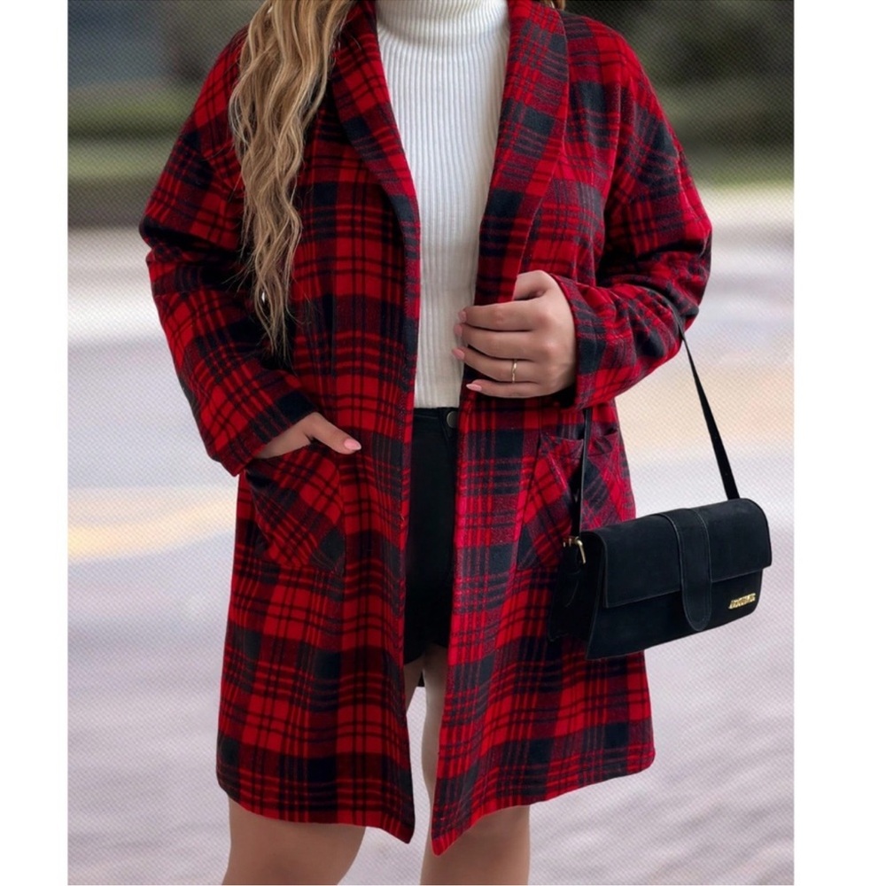 Plus Plaid Print Open Front Pockets Jacket Coat 1X 2X 3X 4X